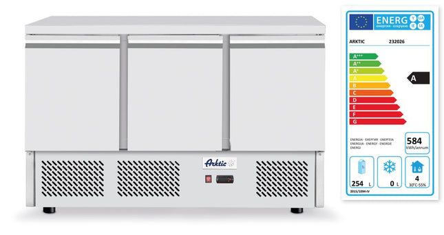 Kølebord, 3 døre, Arktic, Uden bagkant, 254L, 230V/220W, 700x1365x(H)890mm