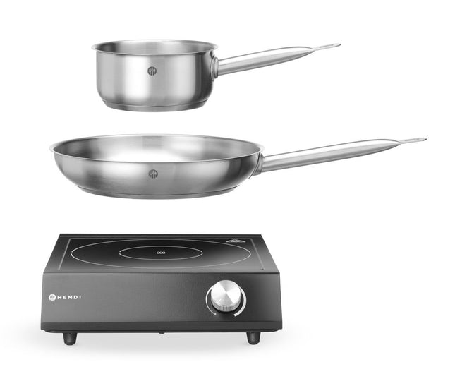 Sæt: Induktionskogeplade 3500W + kasserolle + stegepande, HENDI, sort, 230V/3500W, 320x395x(H)95mm