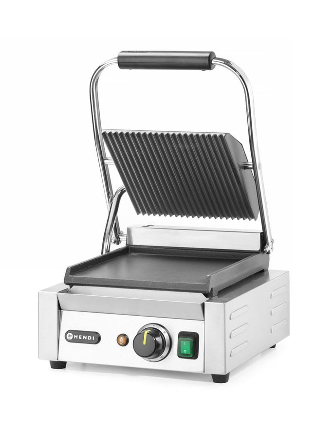 Kontaktgrill – enkelt version, HENDI, rillet top og glat bund, 230V/1800W, 310x375x(H)216mm