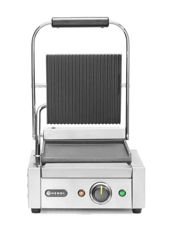 Kontaktgrill – enkelt version, HENDI, rillet top og glat bund, 230V/1800W, 310x375x(H)216mm