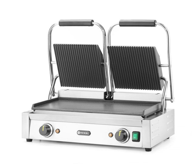 Kontaktgrill - dobbelt version, HENDI, rillet top og glat bund, 230V/3600W, 570x375x(H)216mm