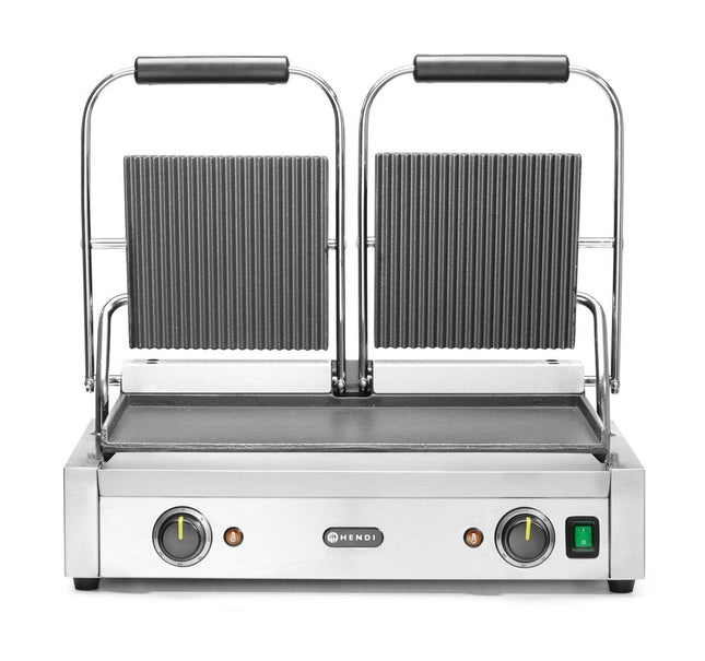 Kontaktgrill - dobbelt version, HENDI, rillet top og glat bund, 230V/3600W, 570x375x(H)216mm
