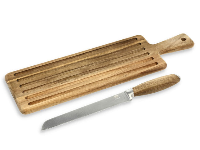 Skærebræt med brødkniv Rustfrit stål/Akacie - 6 sæt