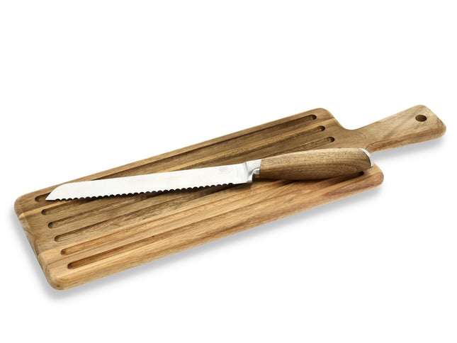 Skærebræt med brødkniv Rustfrit stål/Akacie - 6 sæt