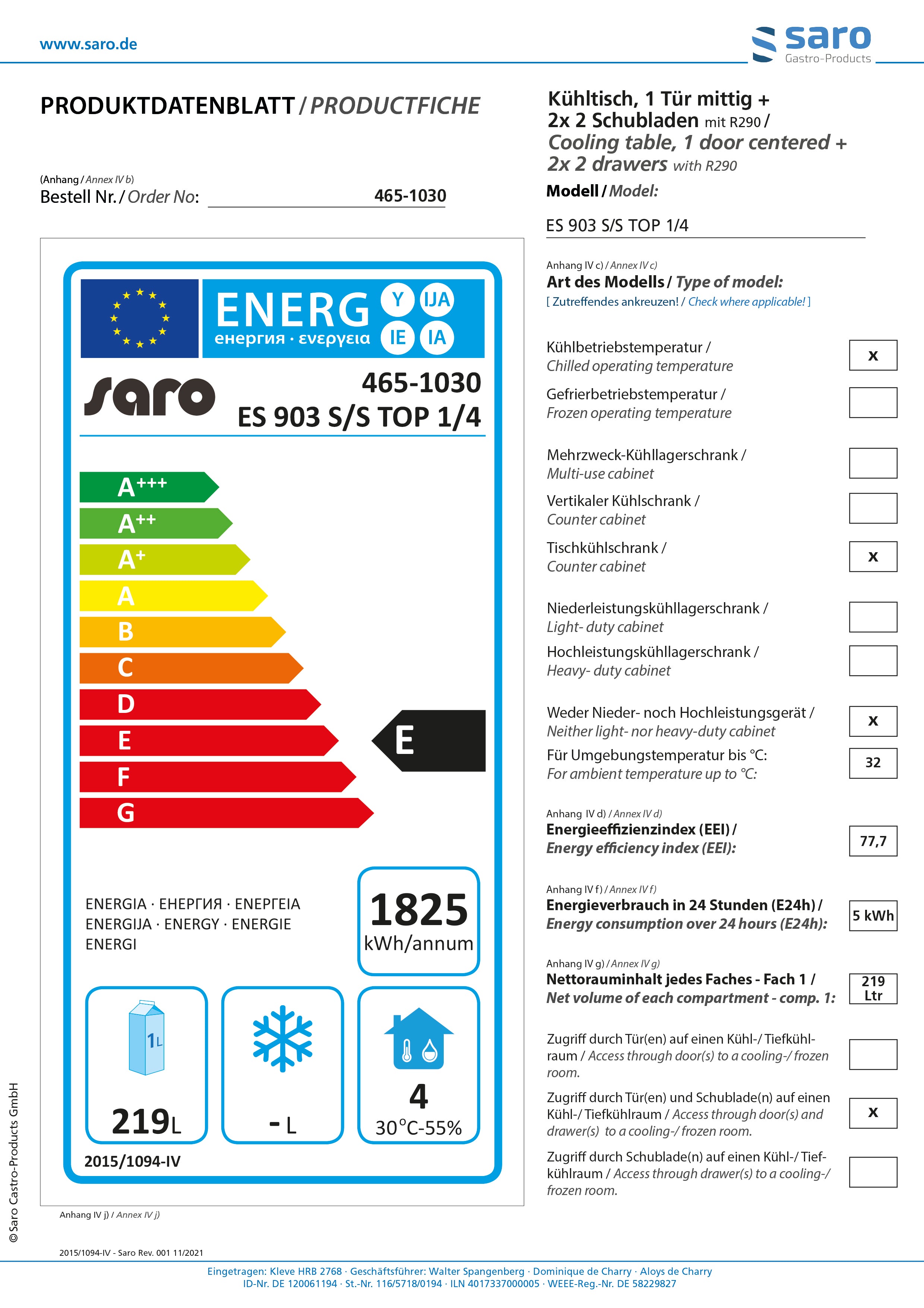 SARO Kølebord med låge og skuffer, model ES 903 S/