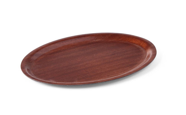 Serveringsbakke, oval, skridsikker, lamineret, AmerBox, Mahogany, 290x210mm