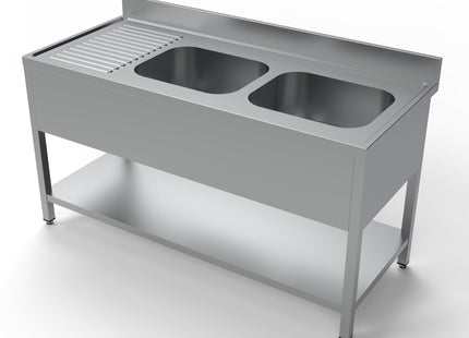 Bord med vask og hylde - 2 kummer til højre - 700 x 1600 mm