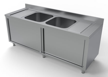 Bord med 2 vaske - centreret - skydedøre - 700 x 2000 mm