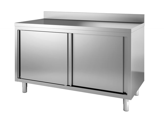 Arbejdsbord i rustfrit stål med skydedøre 700 x 1800 mm (med opstand)