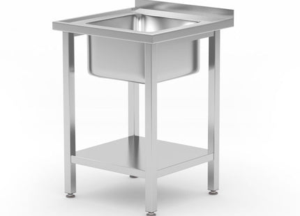 Vaskebord med hylde, boltmonteret, HENDI, Kitchen Line, vaskekumme i midten, 600x600x(H)850mm