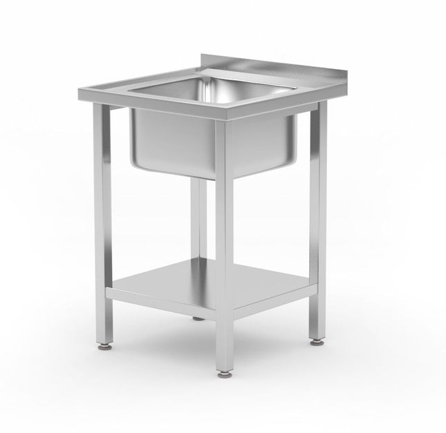 Vaskebord med hylde, boltmonteret, HENDI, Kitchen Line, vaskekumme i midten, 600x600x(H)850mm