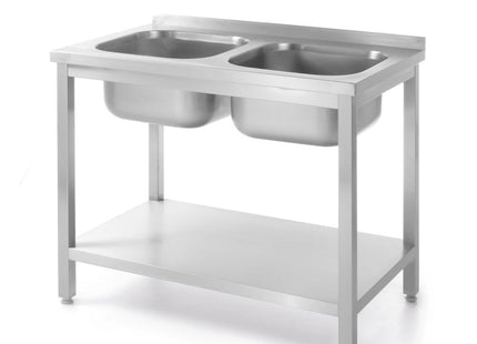Bord med 2 vaske og hylde, boltmonteret, HENDI, Kitchen Line, to vaskekummer, 1000x600x(H)850mm