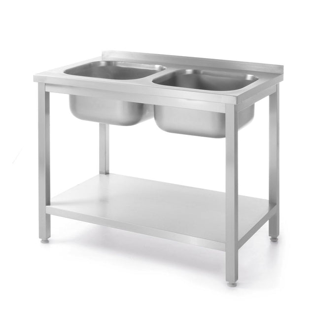Bord med 2 vaske og hylde, boltmonteret, HENDI, Kitchen Line, to vaskekummer, 1000x600x(H)850mm