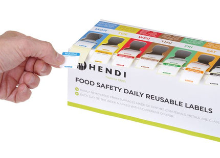 Sæt med fødevaresikkerhedsetiketter, til flergangsbrug, let aftagelige, med dispenser, HENDI, 240x80x(H)100mm