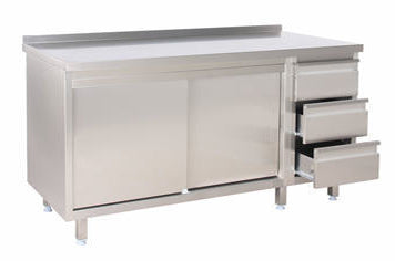 Arbejdsskab med skydedøre med bagkant og skuffeblok højre – B 1800 x T 700 x H 850 mm