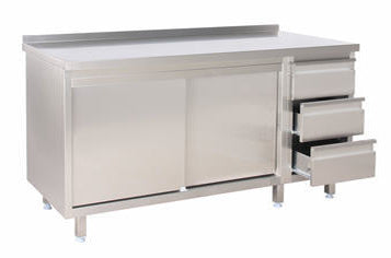 Arbejdsskab med skydedøre uden bagkant og skuffeblok højre – B 1900 x T 700 x H 850 mm