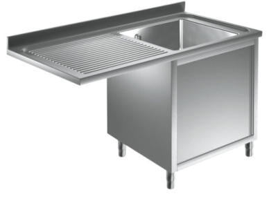 Enkelt vaskecenter med hængslede låger og (afsætningsplade til venstre) – B 1600 x T 600 x H 900 mm