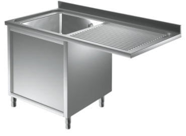 Enkelt vaskecenter med hængslede låger og (afsætningsplade til højre) – B 1500 x T 700 x H 900 mm
