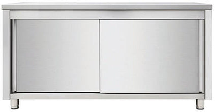 Arbejdsskab med skydedøre uden bagkant med mellemhylde – B 1400 x T 700 x H 850 mm