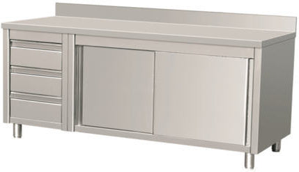 Arbejdsskab med skydedøre med bagkant og skuffeblok venstre – B 1600 x T 700 x H 850 mm