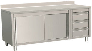 Arbejdsskab med skydedøre med bagkant og skuffeblok højre – B 2000 x T 700 x H 850 mm