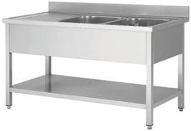 Dobbelt vaskebord 700 med afsætningsplade venstre og bundhylde til selvmontering – B 1600 x T 700 x H 850 mm