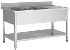 Dobbelt vaskebord 700 med afsætningsplade højre og bundhylde til selvmontering – B 1400 x T 700 x H 850 mm