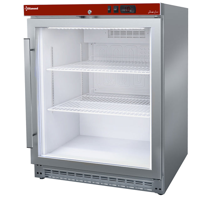 Ventileret køleskab, glaslåge, 150 liter. rustfrit stål