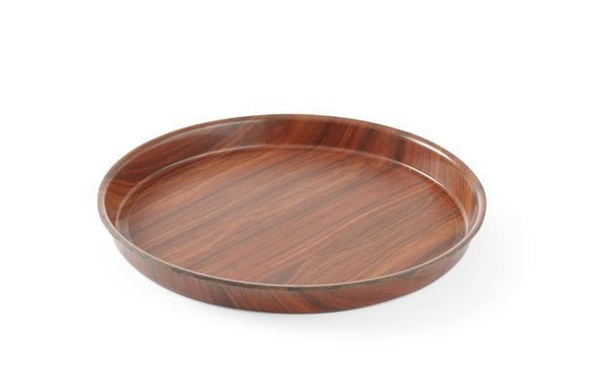 Serveringsbakke, rund, skridsikker, høj kant, lamineret, AmerBox, Mahogany, ⌀420x(H)30mm