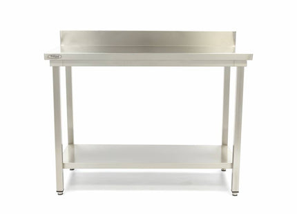 Rustfrit stål bord - 140 x 60 cm - Justerbar højde - med backsplash og opbevaring Hylde