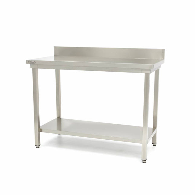 Rustfrit stål bord - 60 x 60 cm - Justerbar højde - med backsplash og opbevaring Hylde